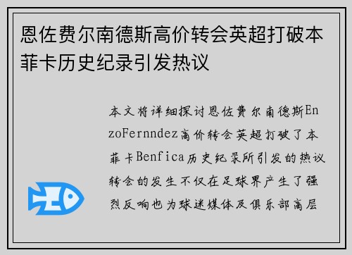 恩佐费尔南德斯高价转会英超打破本菲卡历史纪录引发热议