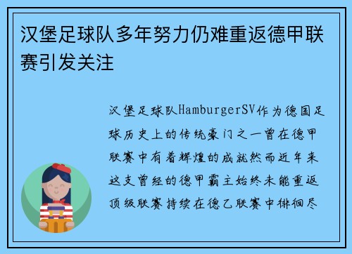 汉堡足球队多年努力仍难重返德甲联赛引发关注